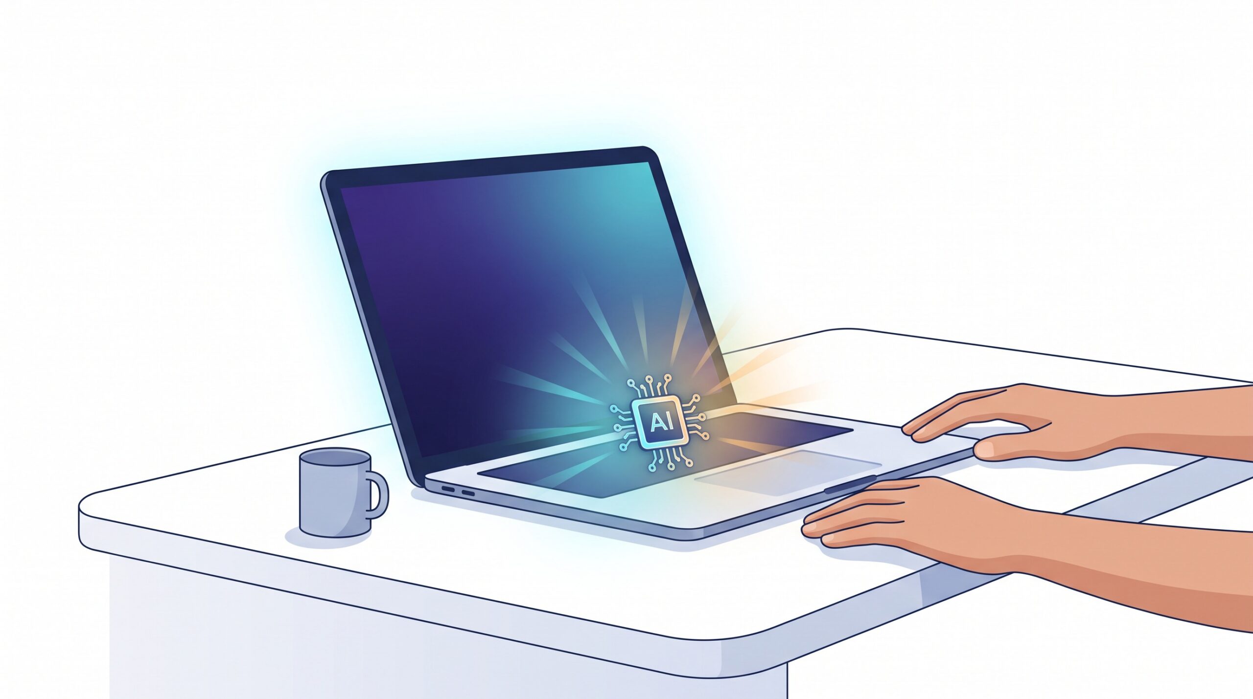 A laptop with a glowing chip inside it, representing an on-device AI processor