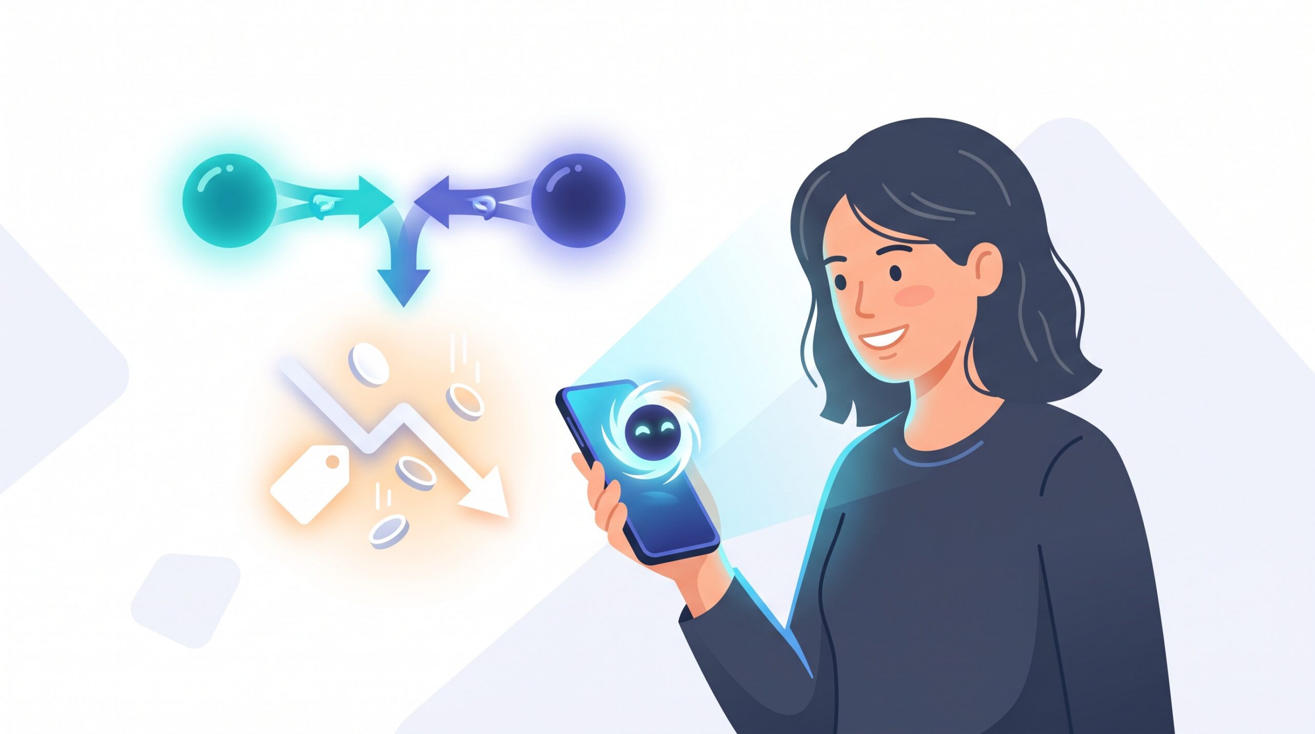 A happy everyday user holding a phone with an AI assistant as AI prices fall around them