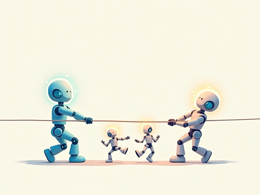 Two big AI robots and several smaller cheaper AI robots in a tug-of-war over a falling price line