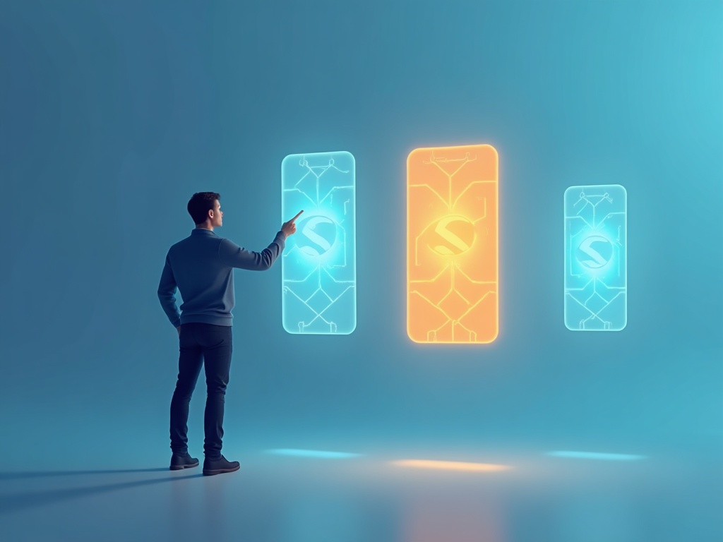 A person choosing between three differently sized AI model options shown as glowing cards