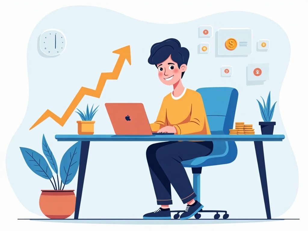 A person productively using AI with saved money beside them and a rising results arrow