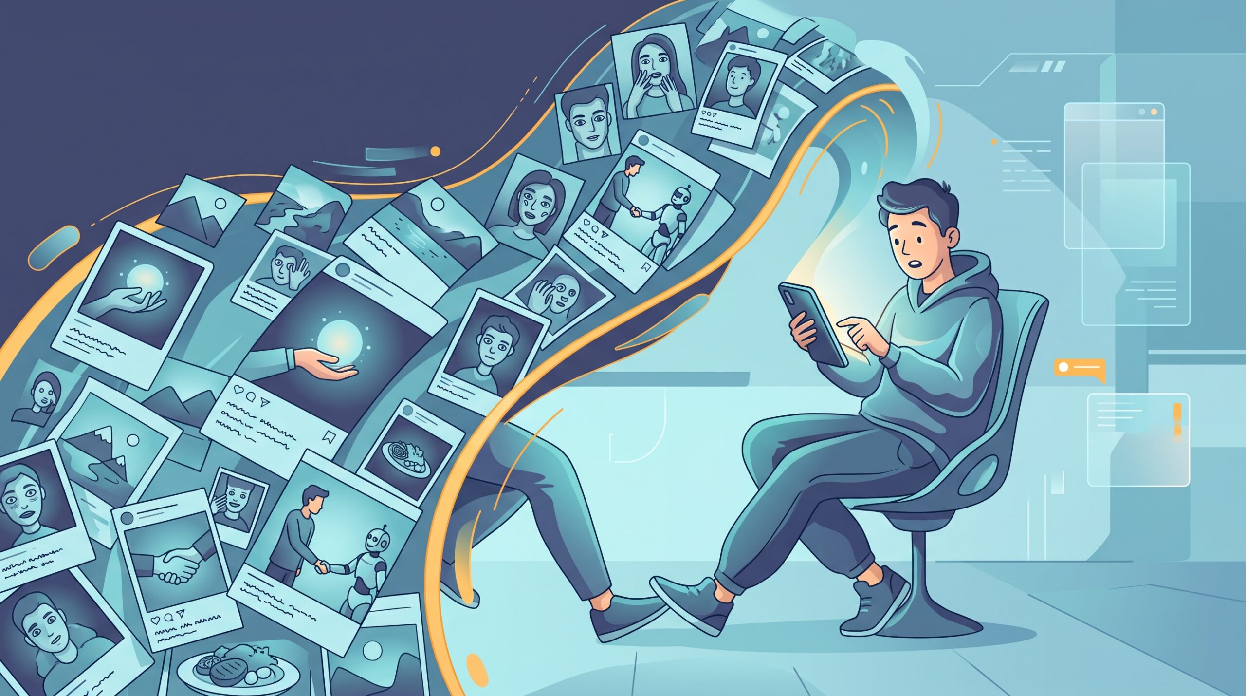 A person scrolling a phone as a wave of generic synthetic content pours out of the screen