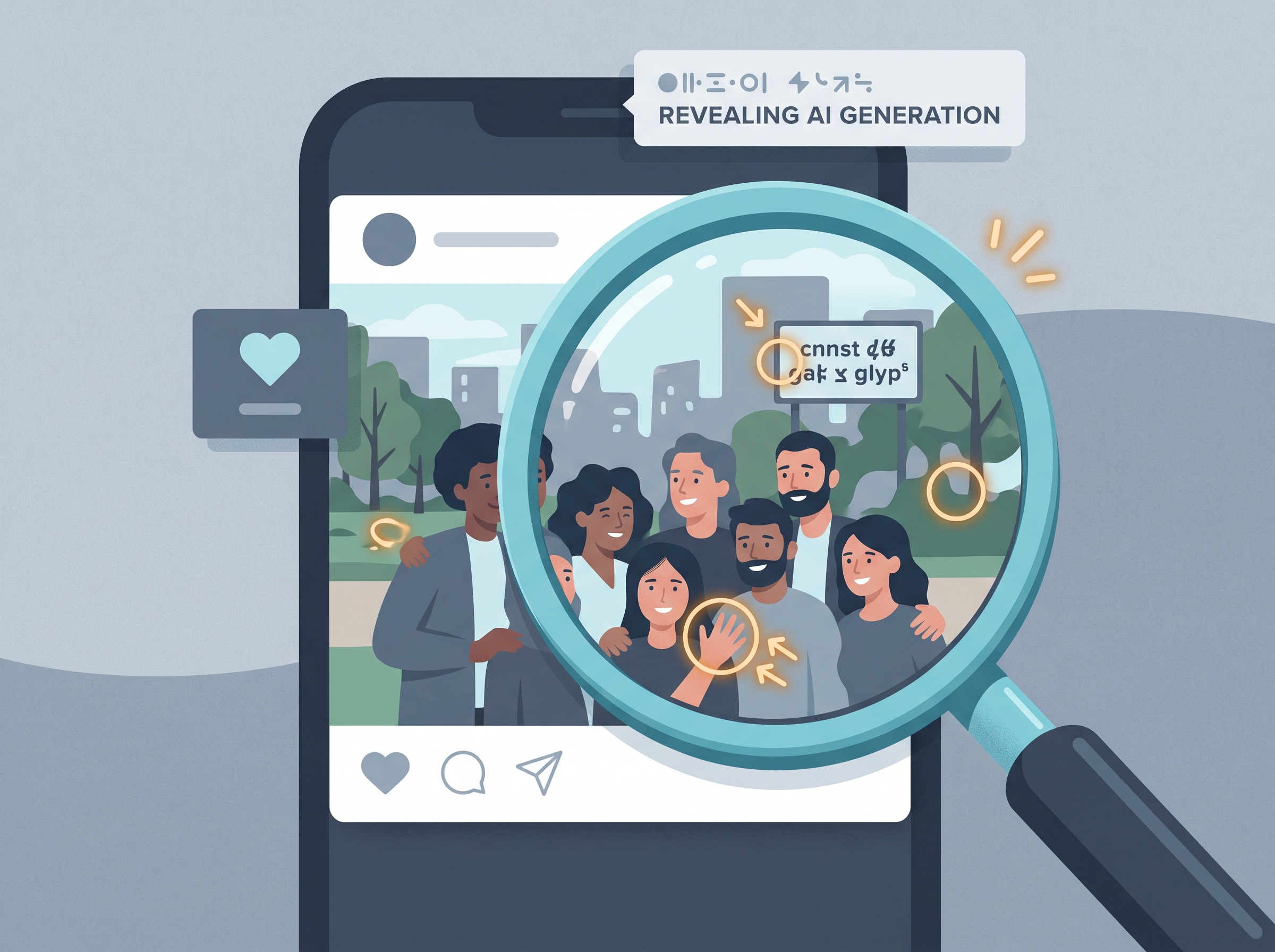 A magnifying glass revealing subtle AI-generation tells in an image