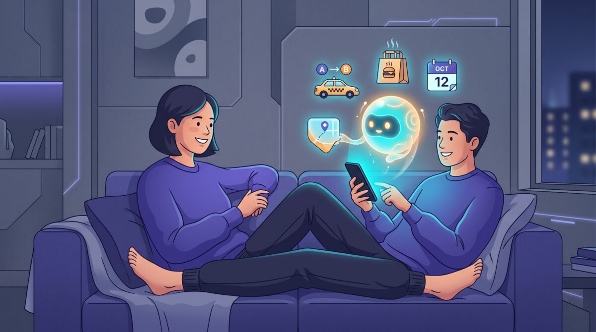 A person relaxing while an AI agent on their phone handles everyday errands
