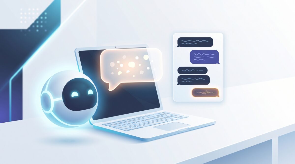 A friendly AI orb beside a Mac laptop composing a glowing message bubble toward a panel of rounded chat shapes