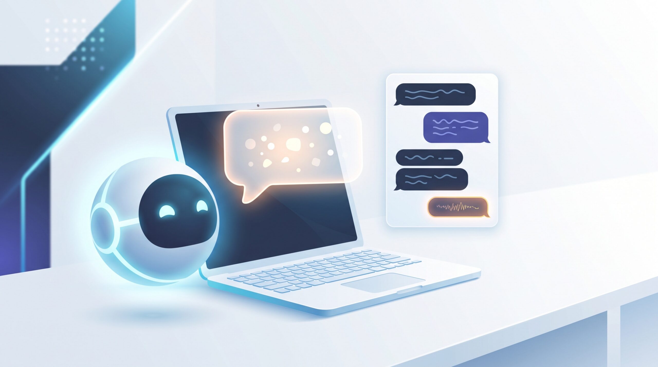 A friendly AI orb beside a Mac laptop composing a glowing message bubble toward a panel of rounded chat shapes