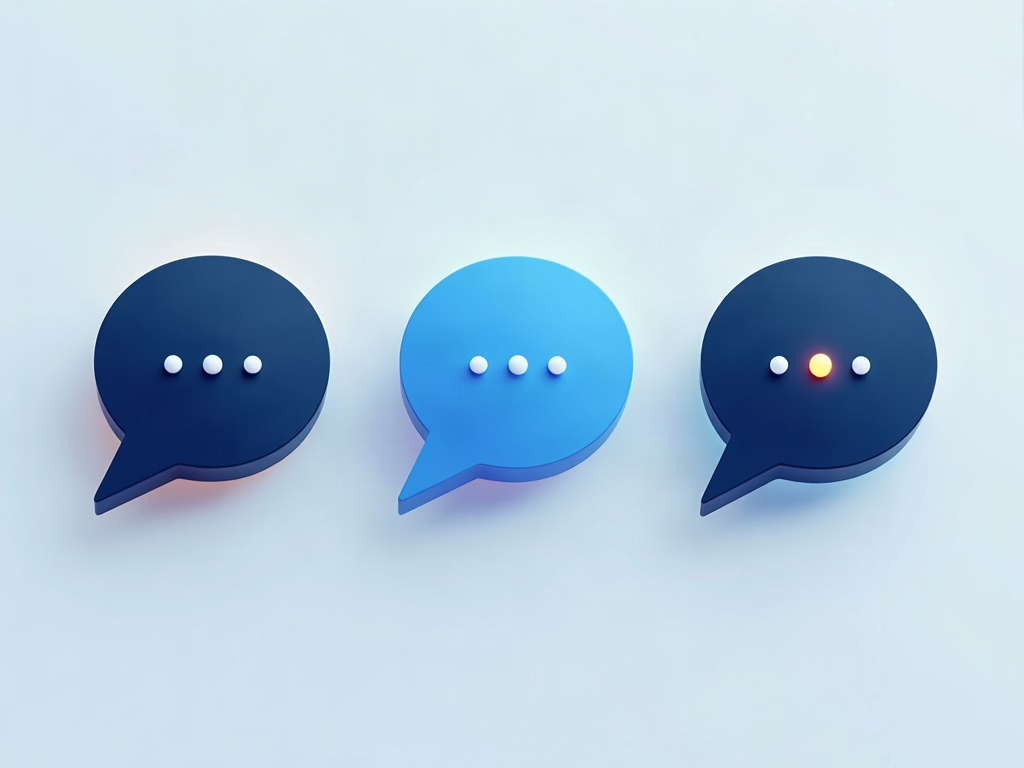 Three different rounded message bubbles feeding into a single glowing AI reading lens