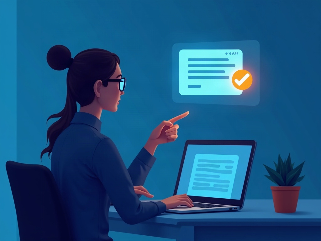 A person reviewing a glowing draft message above a Mac laptop with a single approval checkmark button beside it