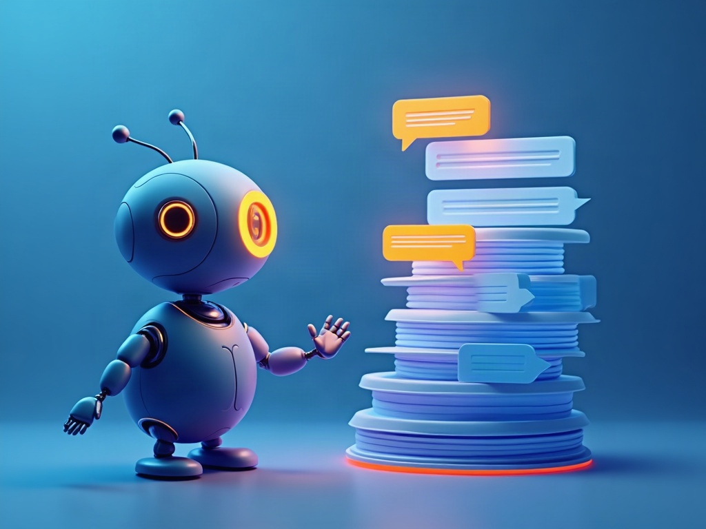 An AI orb scanning a tall stack of chat bubbles and pulling a few forward into a highlighted summary card