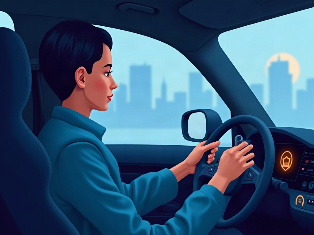 A person holding a small control dial with a friendly AI assistant beside them and a soft protective shield behind