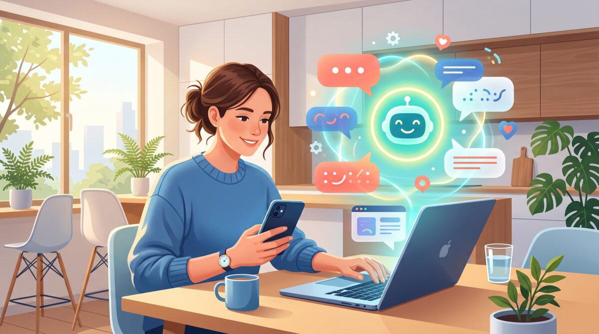 A person casually chatting with an AI assistant on a laptop at home in the morning