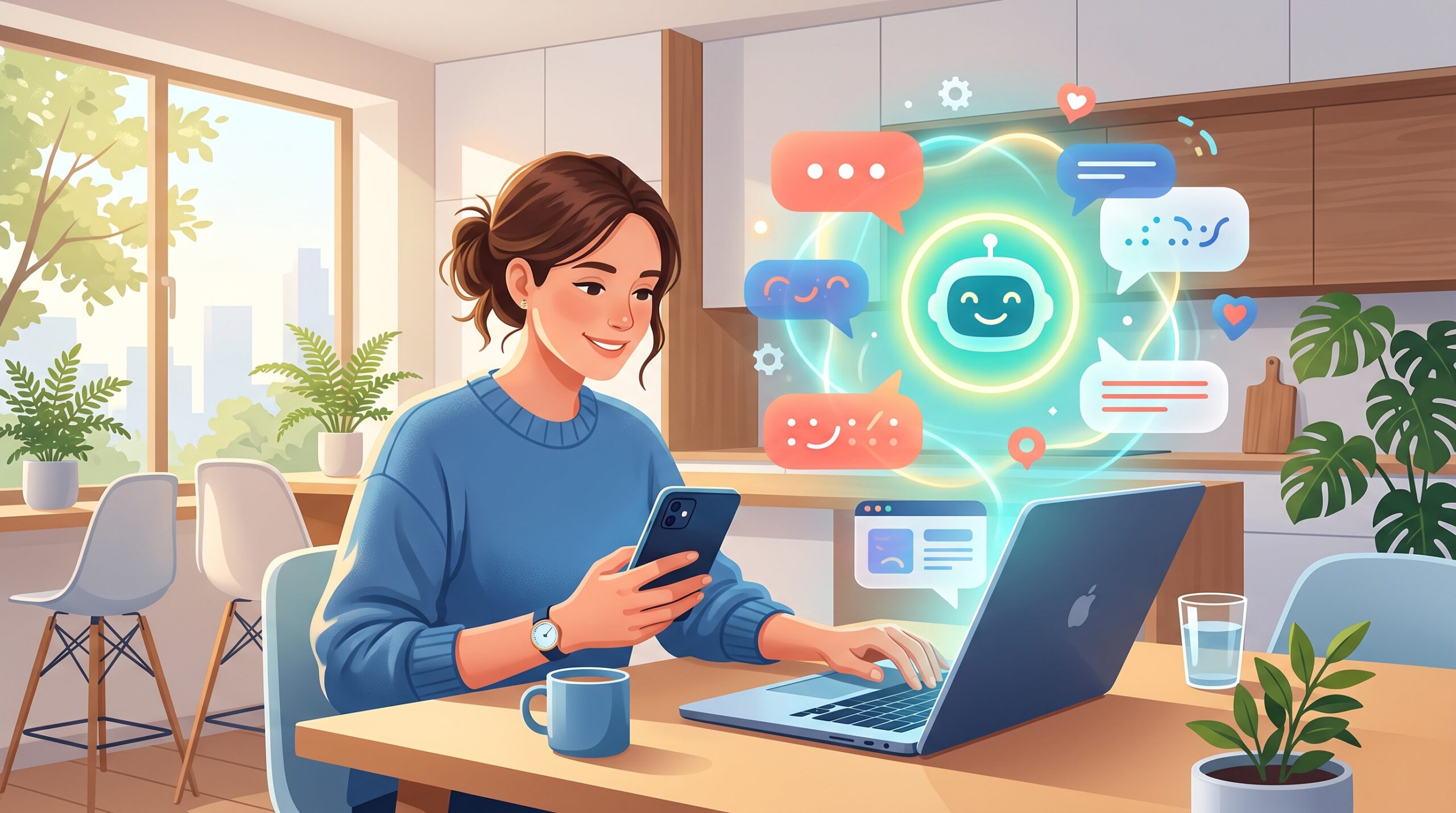A person casually chatting with an AI assistant on a laptop at home in the morning