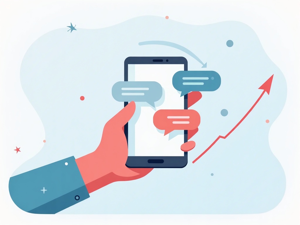 A smartphone showing a friendly AI conversation with an upward arrow suggesting an upgraded model