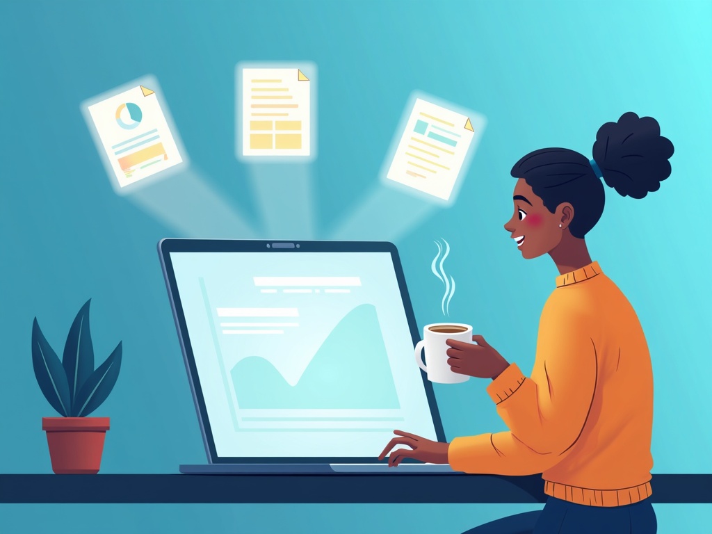 A laptop producing spreadsheet, slide, and document shapes for a happy worker