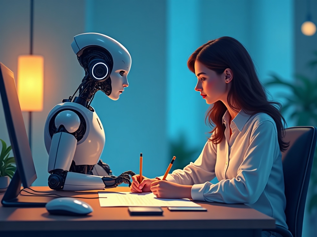 A person and an AI assistant openly co-writing a document together at a desk