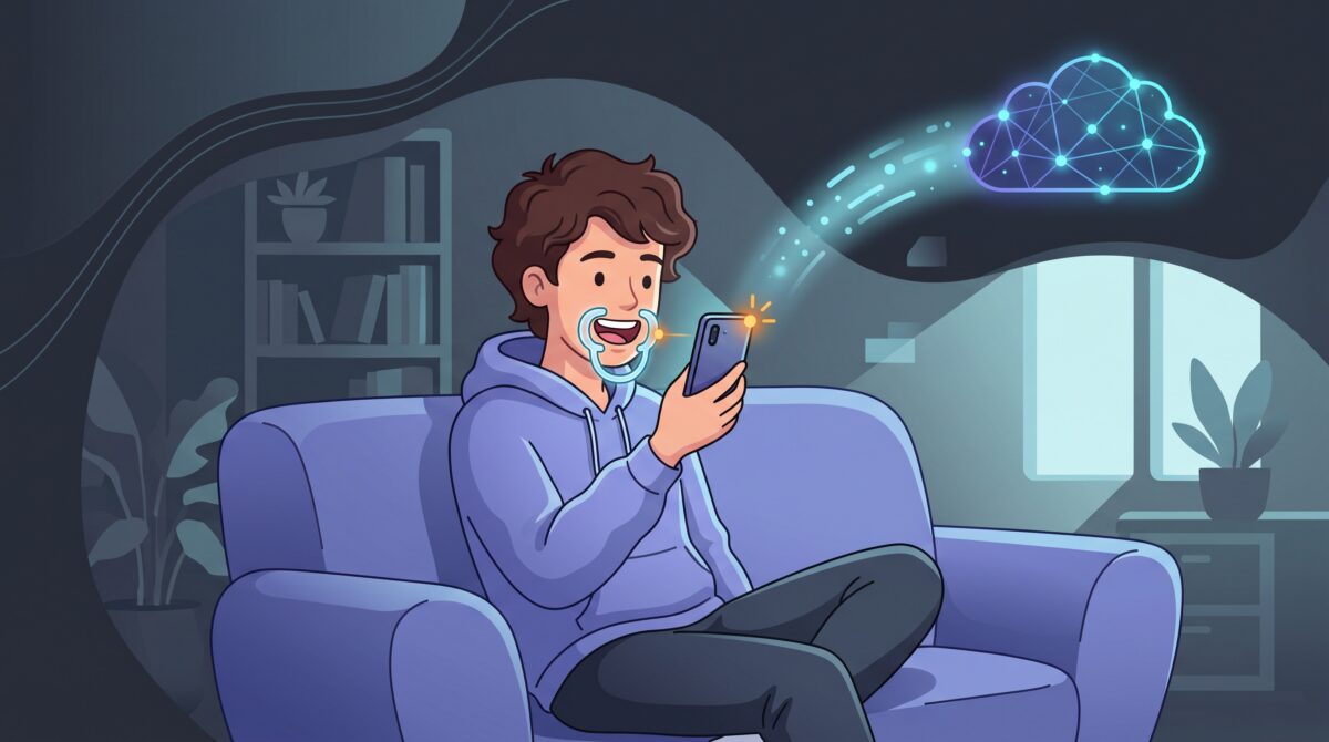 A patient scanning their own teeth at home with a smartphone while AI analyzes in the cloud