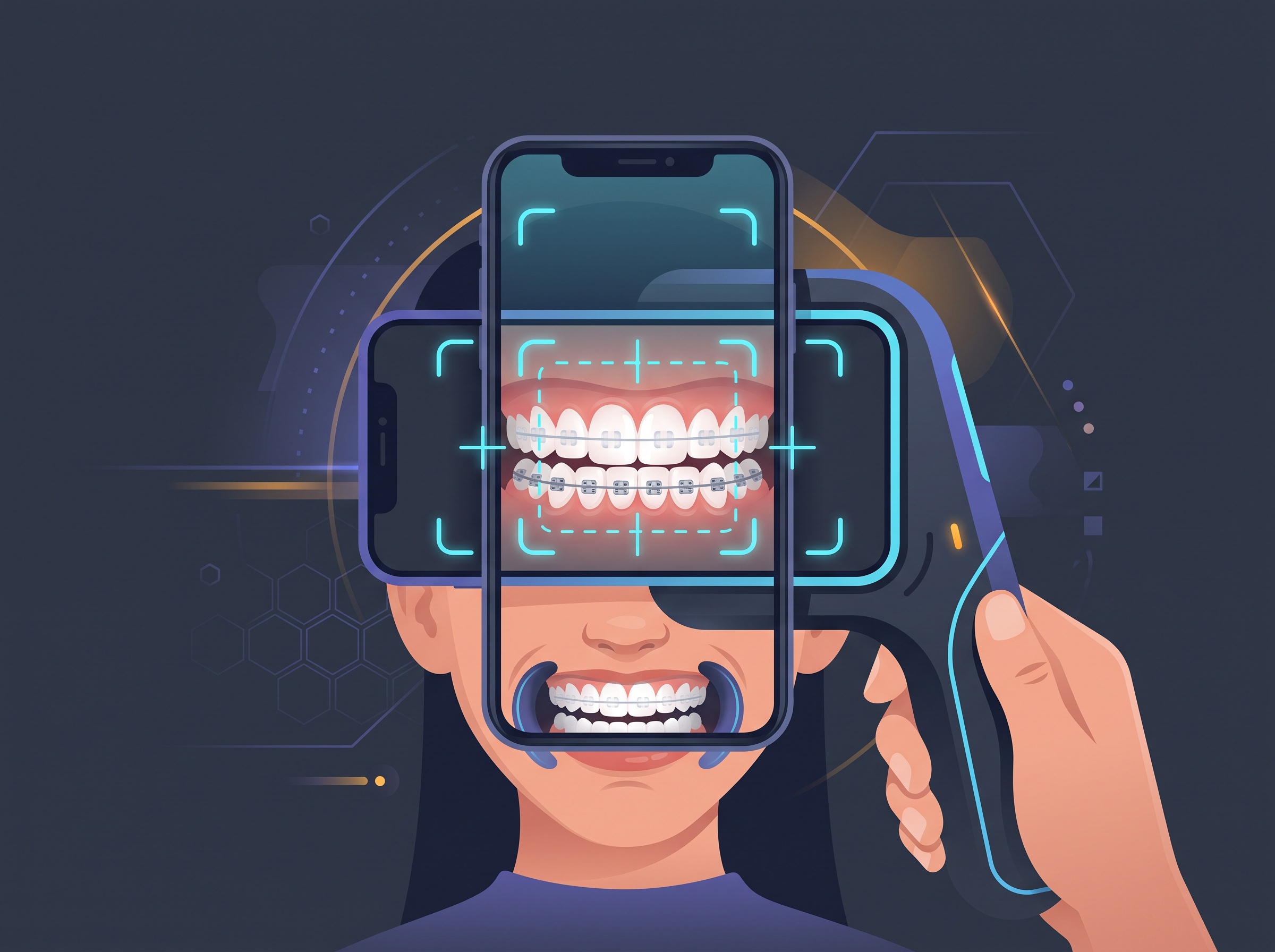 A smartphone seated in a cheek-retractor scanning device photographing teeth with braces