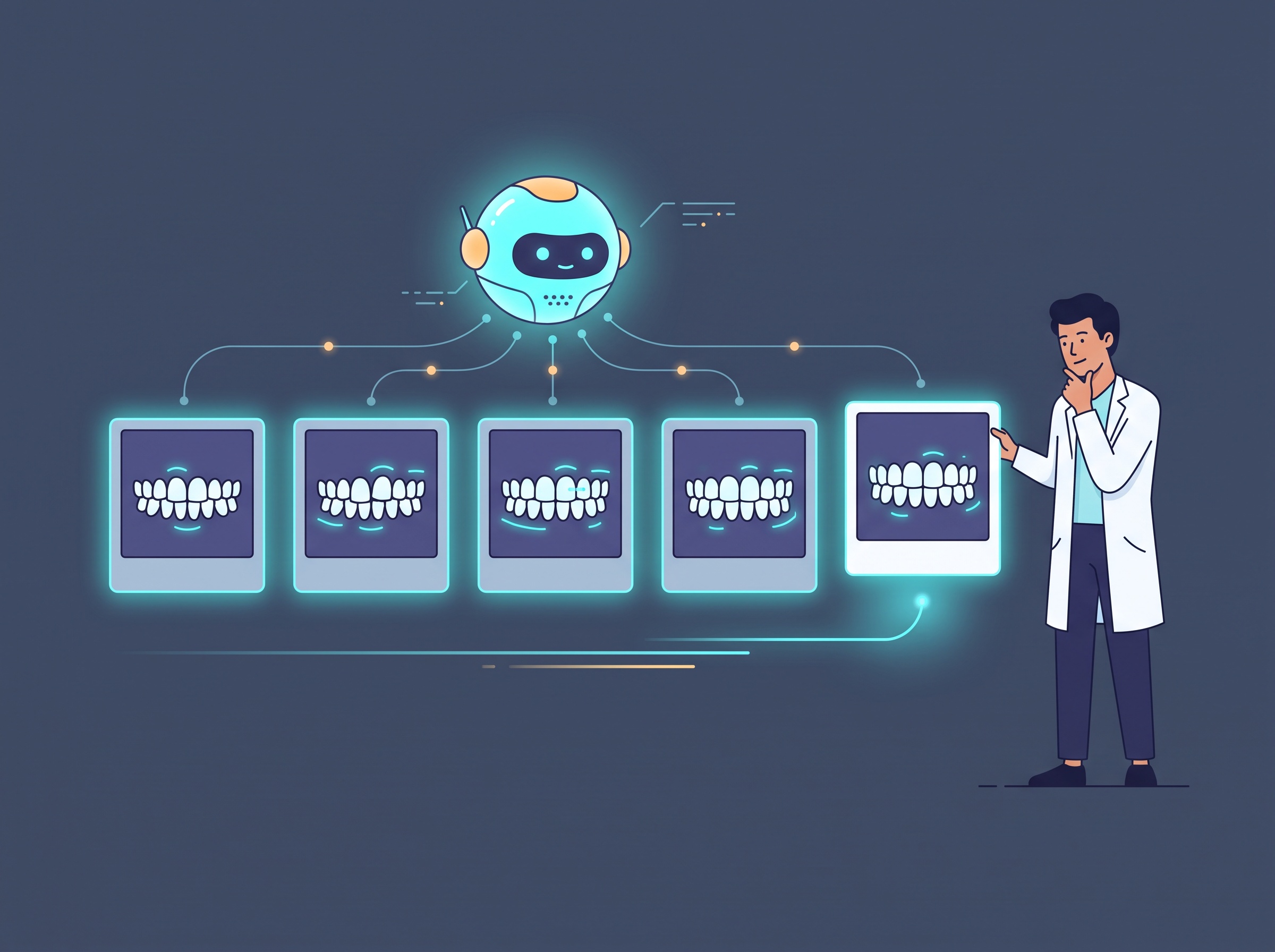 A time sequence of tooth photos with AI flagging changes and an orthodontist reviewing