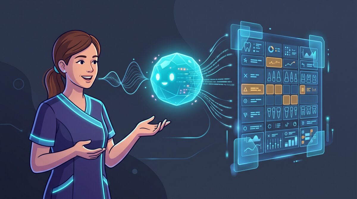 A hygienist speaking while an AI fills in a periodontal chart from voice