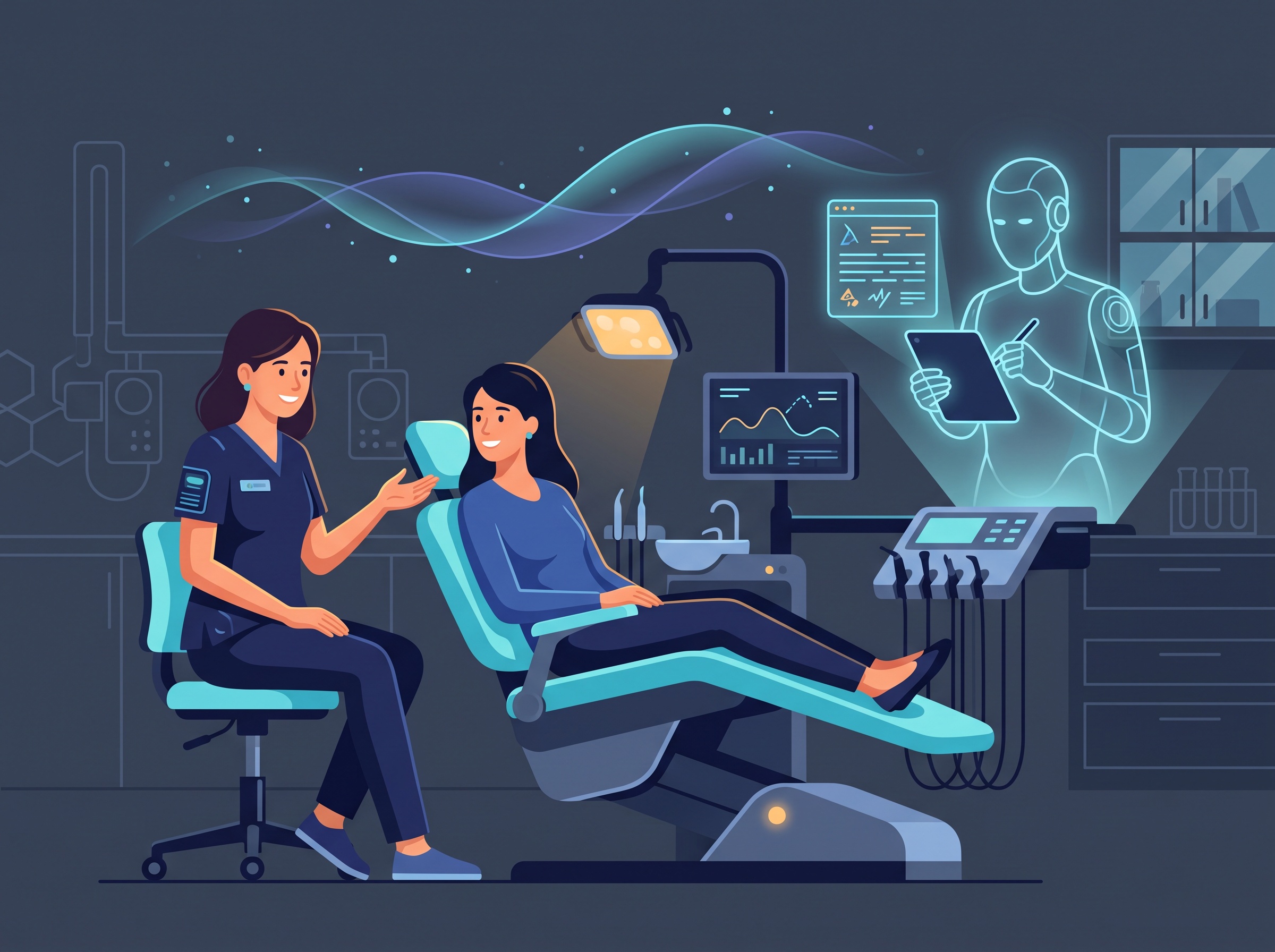 A dentist talking with a patient while an AI scribe writes the visit note
