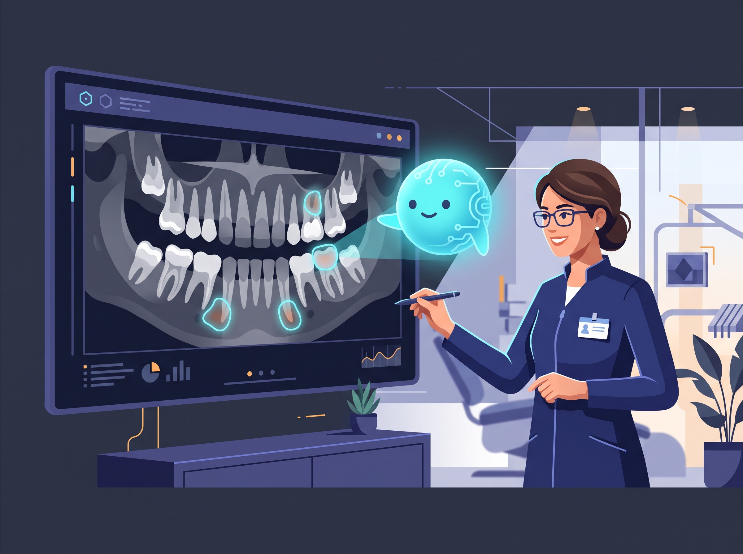 An AI highlighting findings on a dental X-ray with a dentist reviewing