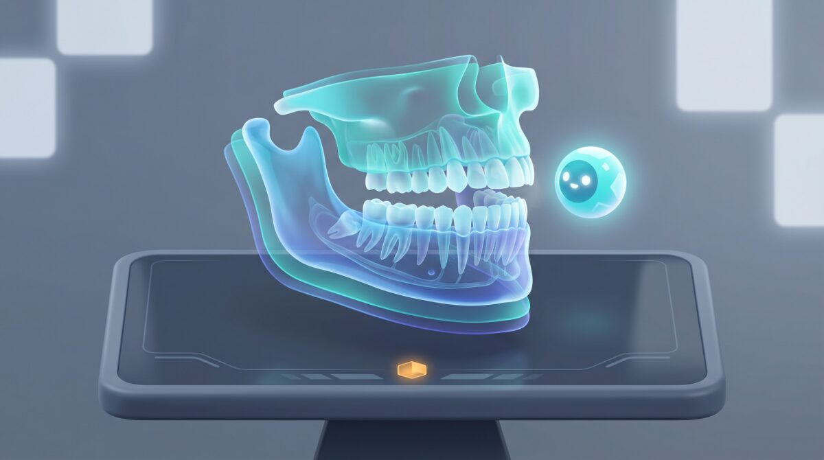 An AI examining a 3D volumetric scan of teeth and jaw