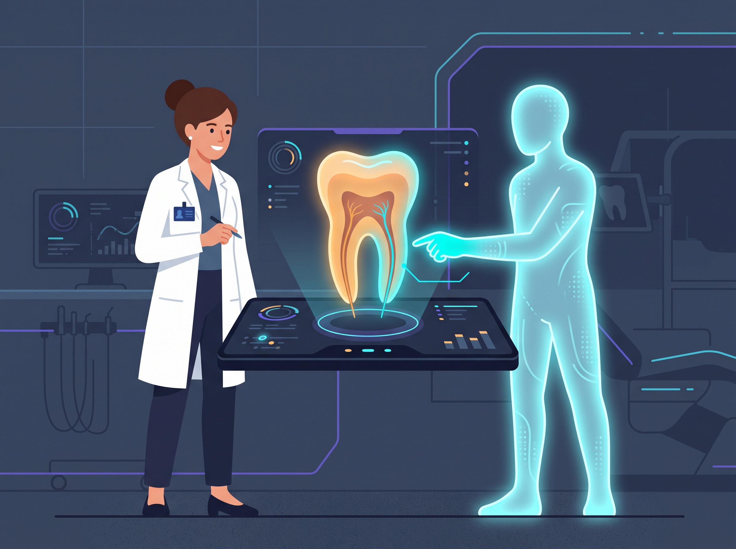 A dentist and an AI reviewing a 3D tooth model together