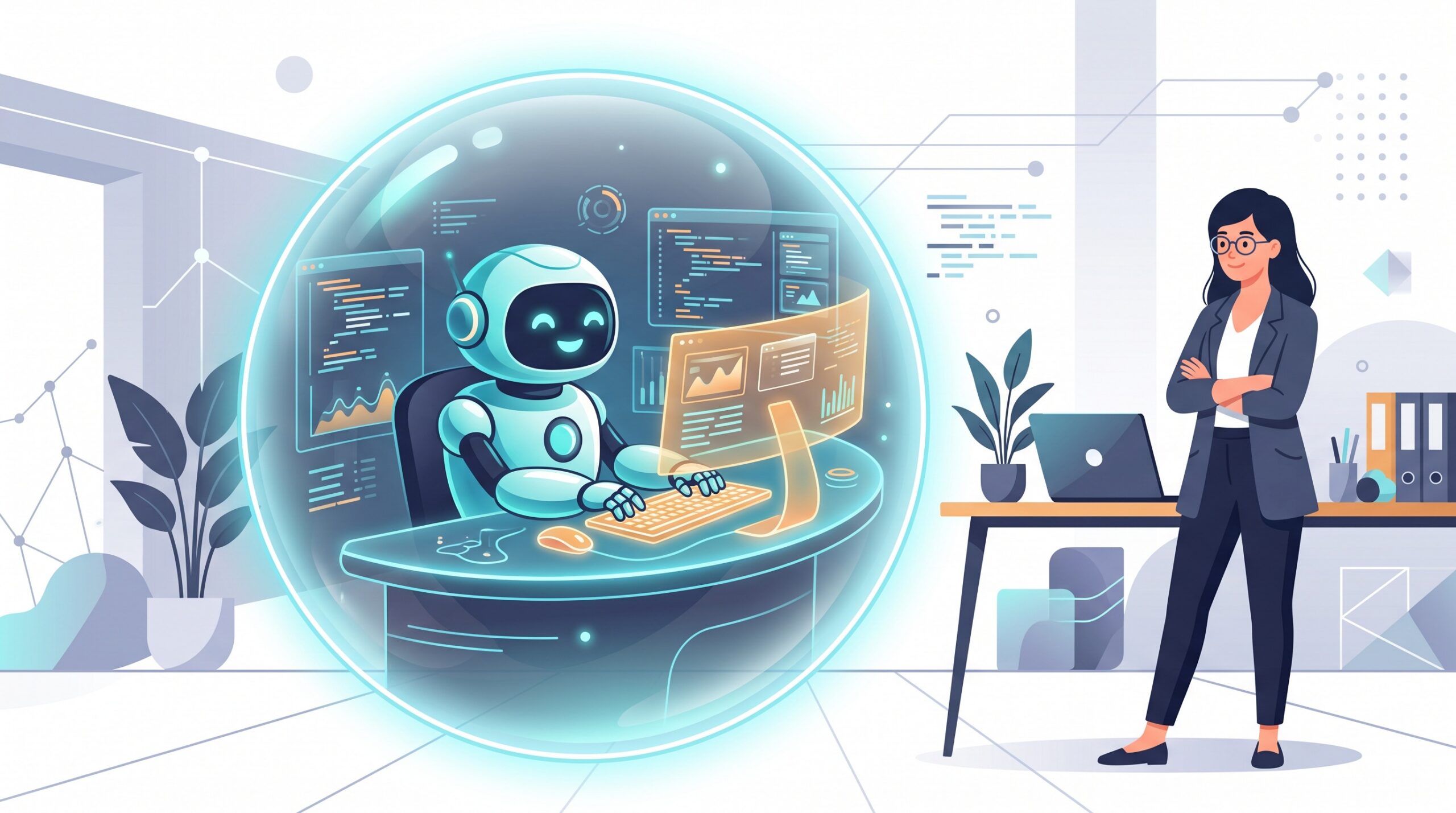 An AI coding agent working inside a sealed glass box while a developer watches safely from outside