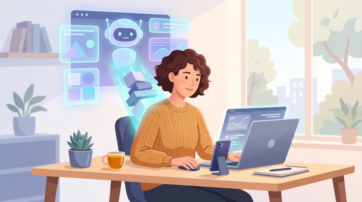 A professional at a desk with a friendly AI assistant lifting a stack of tasks away