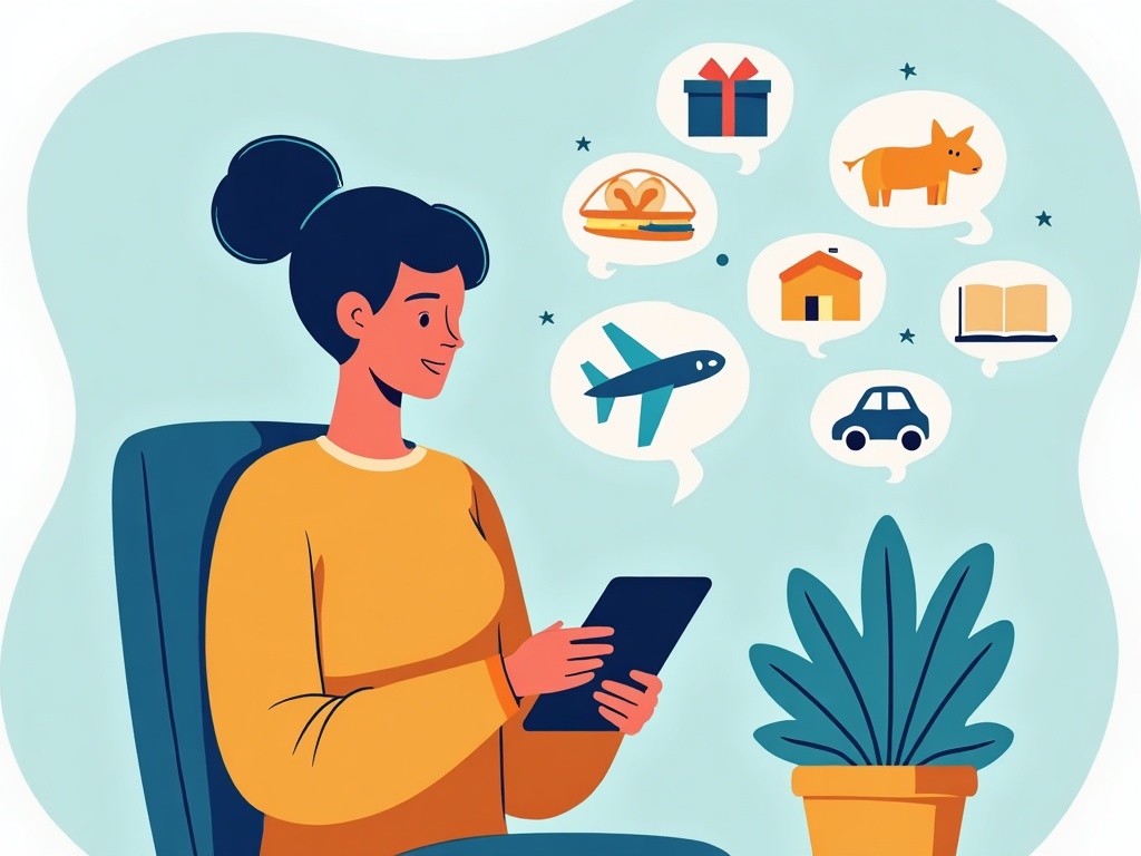 A person confidently using AI with everyday-life icons for travel, meals and learning around them