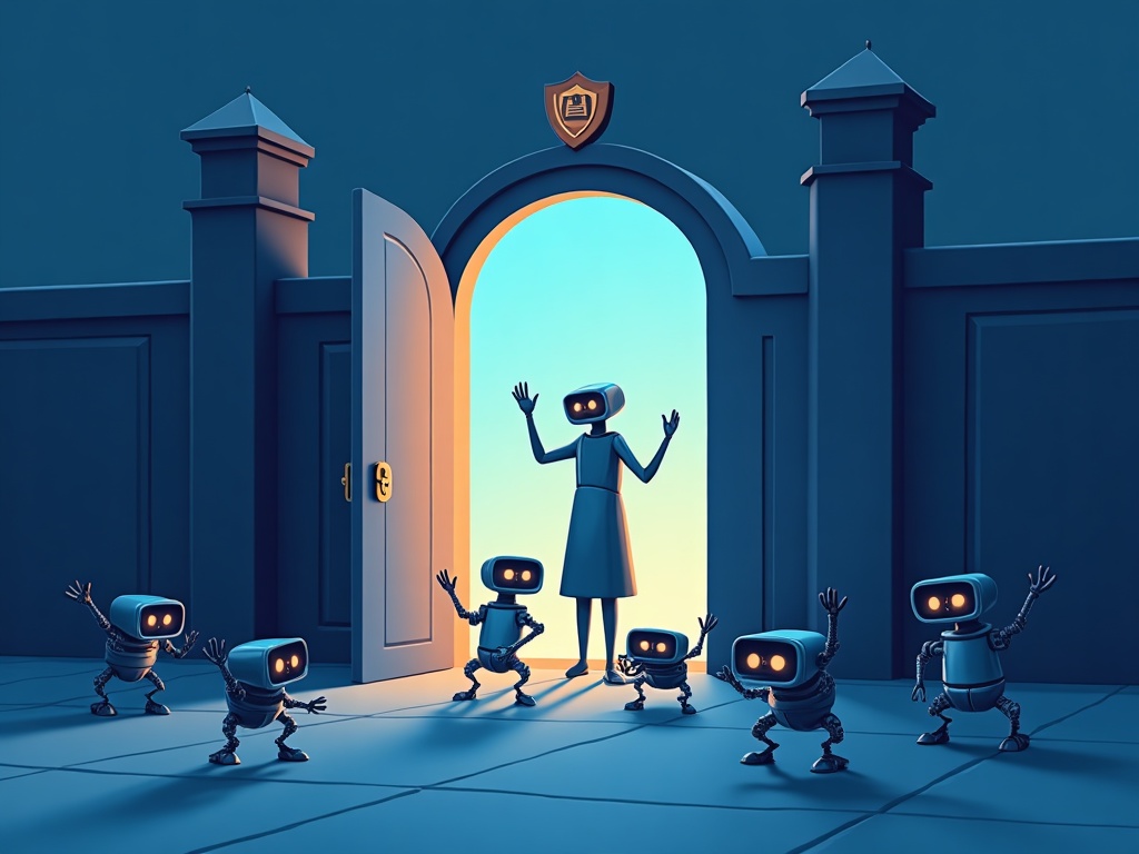 A gatekeeper letting helpful AI crawler robots through an open gate to a website while turning away a shady scraper