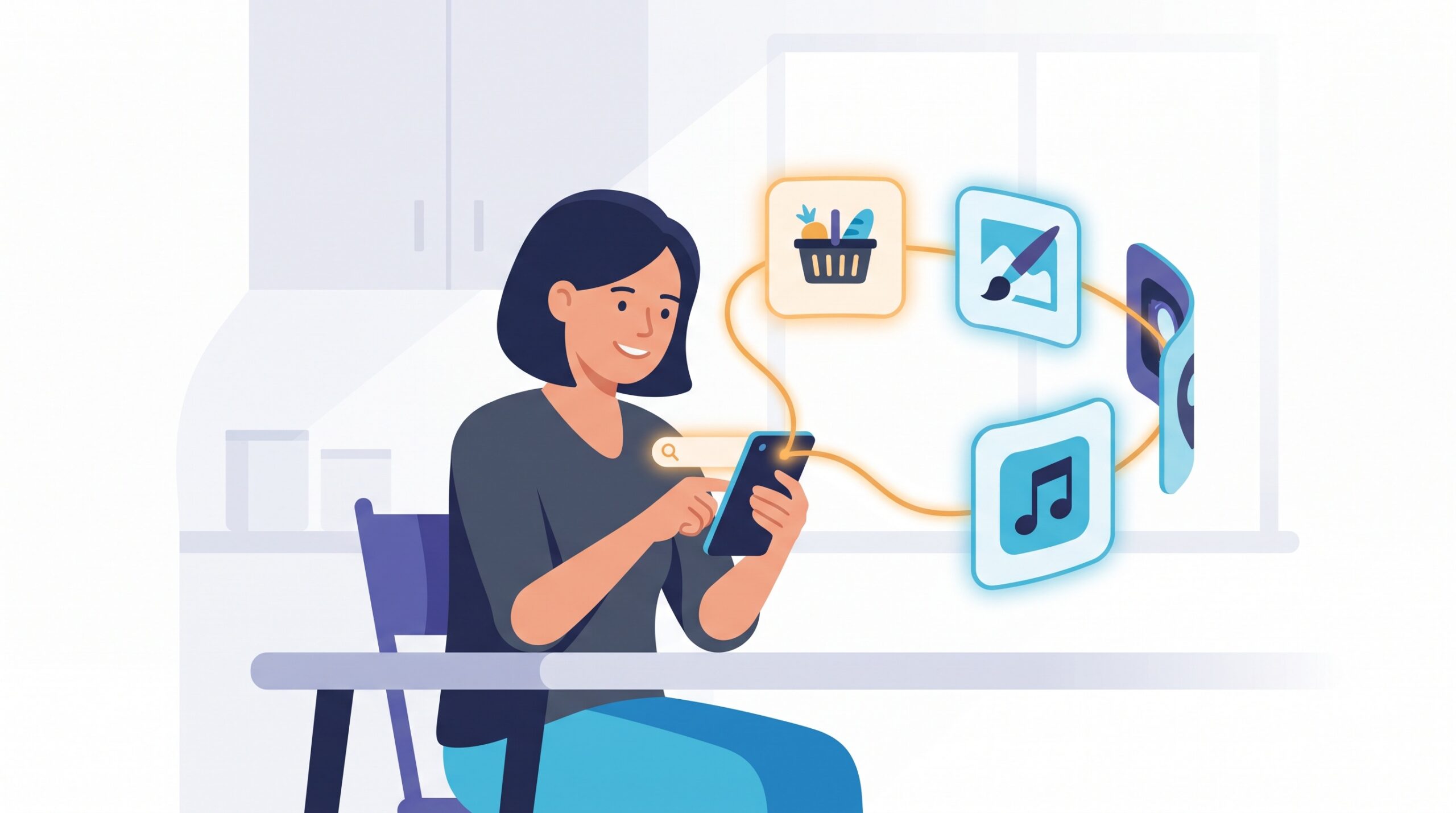 A person at a phone whose search bar branches out to glowing tiles for groceries, design, and music, suggesting search doing tasks