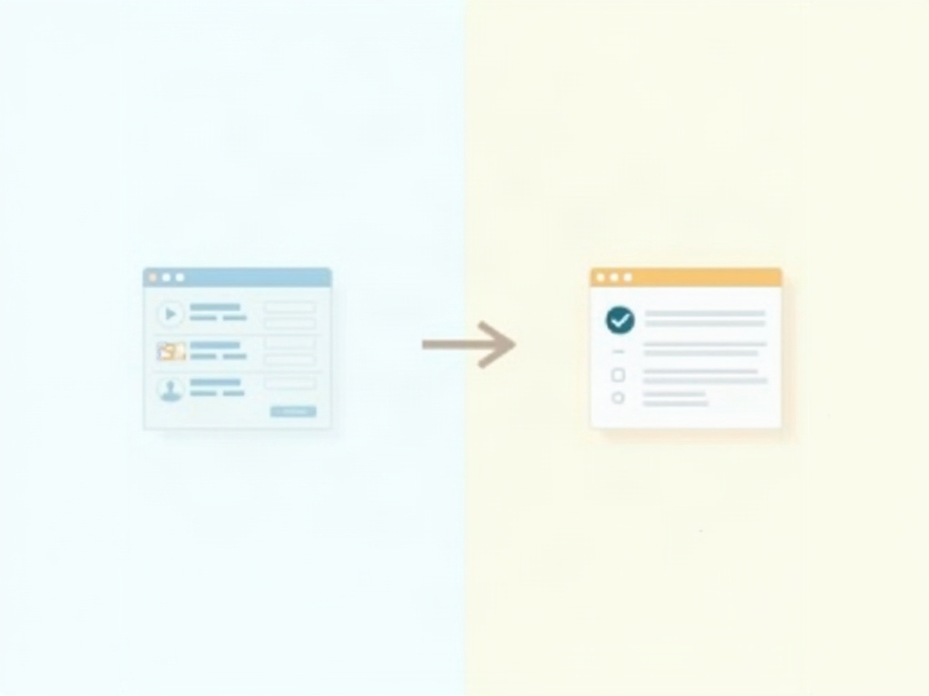 A before-and-after showing a stack of web links on the left transforming into a single action panel with a checkmark on the right