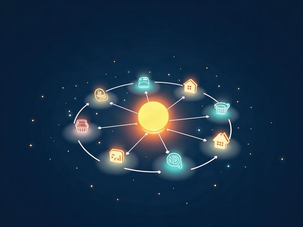 A glowing central search orb connected by threads to a ring of abstract app icons for groceries, design, music, rides, and dining