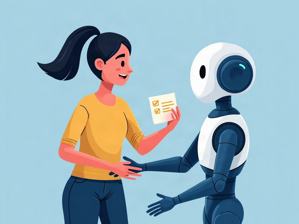 A person reviewing a glowing summary card held out by an AI before tapping to confirm, keeping the final decision
