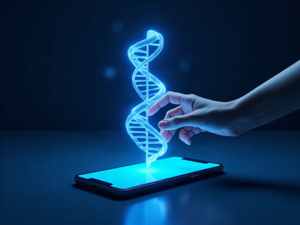 A student rotating a glowing 3D DNA model above a phone screen