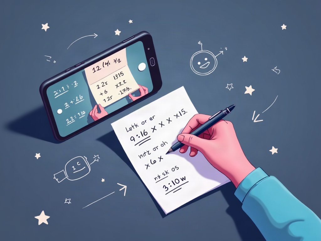 A phone camera pointed at a handwritten problem with an AI overlay guiding a step