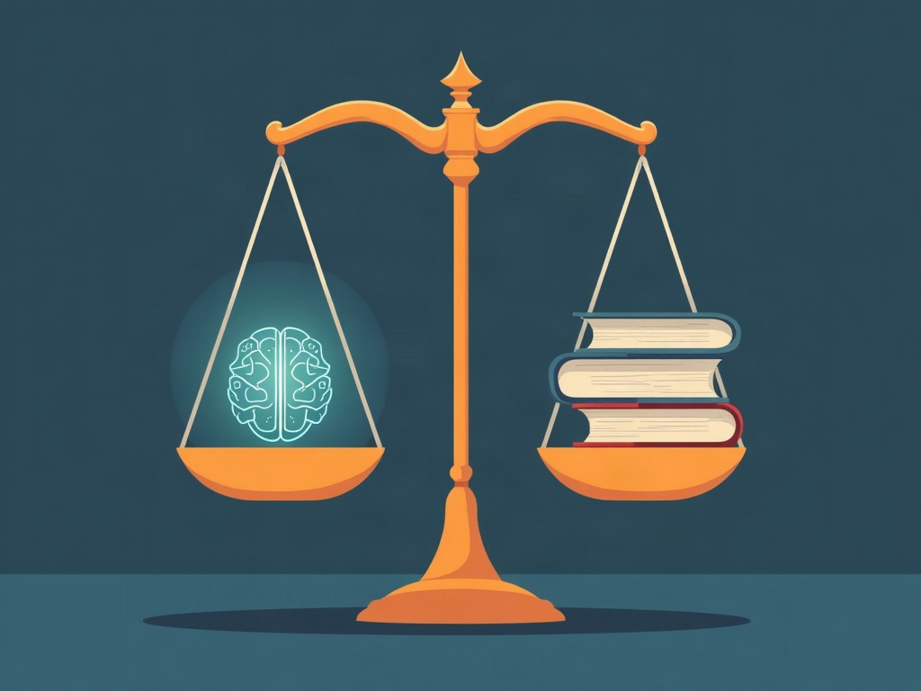 A balance scale weighing an AI assistant against a stack of textbooks