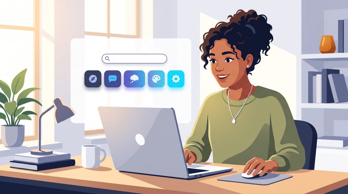 A person at a laptop looking at a redesigned search homepage with glowing AI action tiles instead of a single button