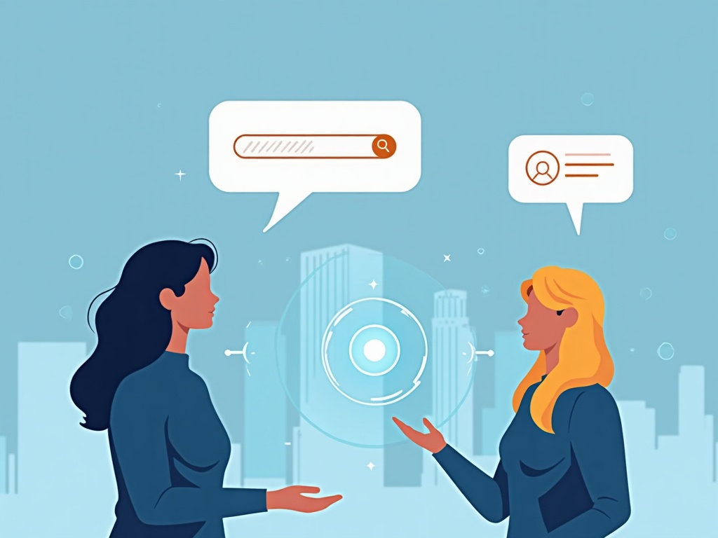 A person chatting back and forth with a glowing AI that grows out of a search bar, shown as a chain of follow-up questions