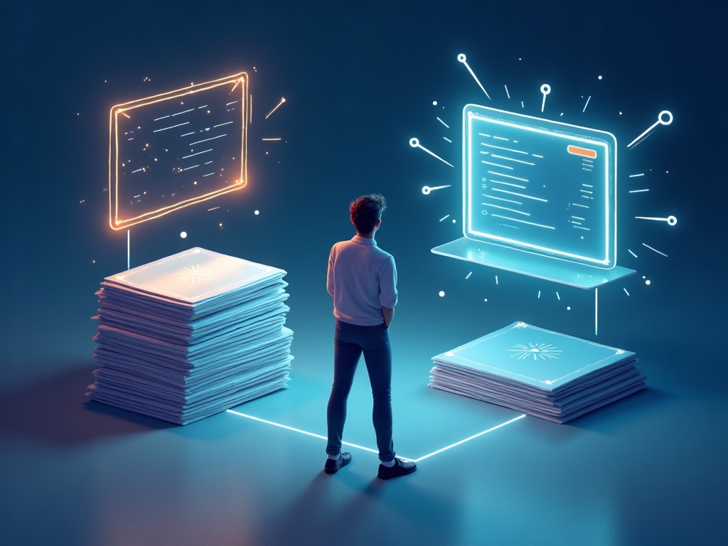A person choosing between a stack of classic web links and a single AI answer panel
