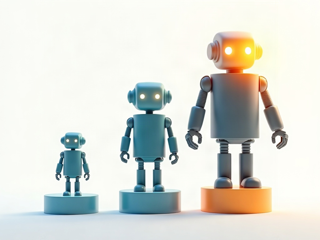 Three AI robots of increasing size representing a small, medium and flagship model tier