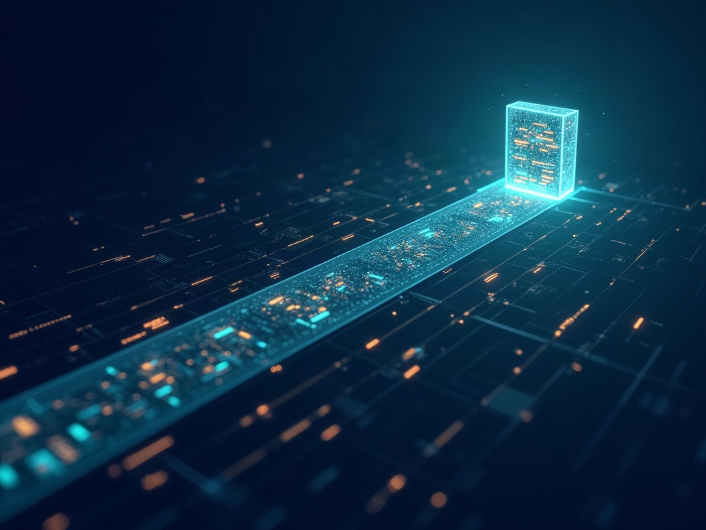 A long ribbon of code files flowing into a compact AI core, representing a large context window