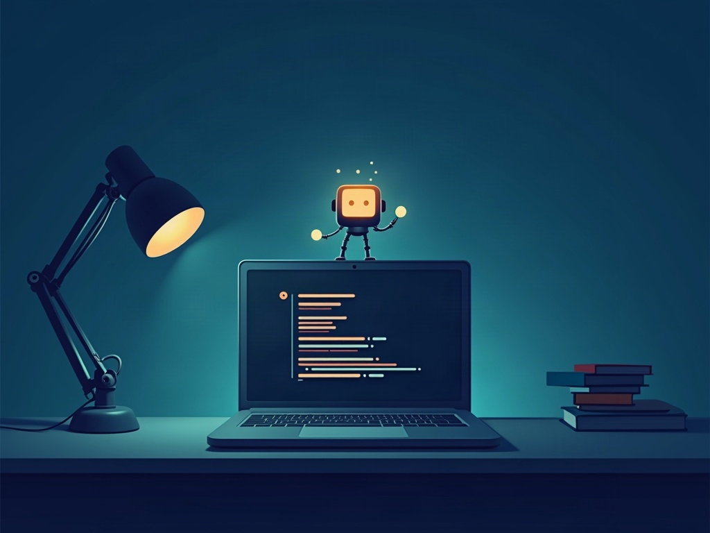 One shell command summoning a small friendly AI coding assistant from a laptop