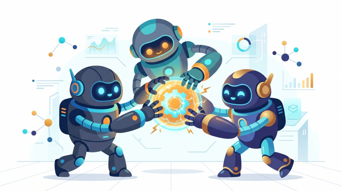 Three AI agent characters all grabbing the same glowing task at once, tangling with each other