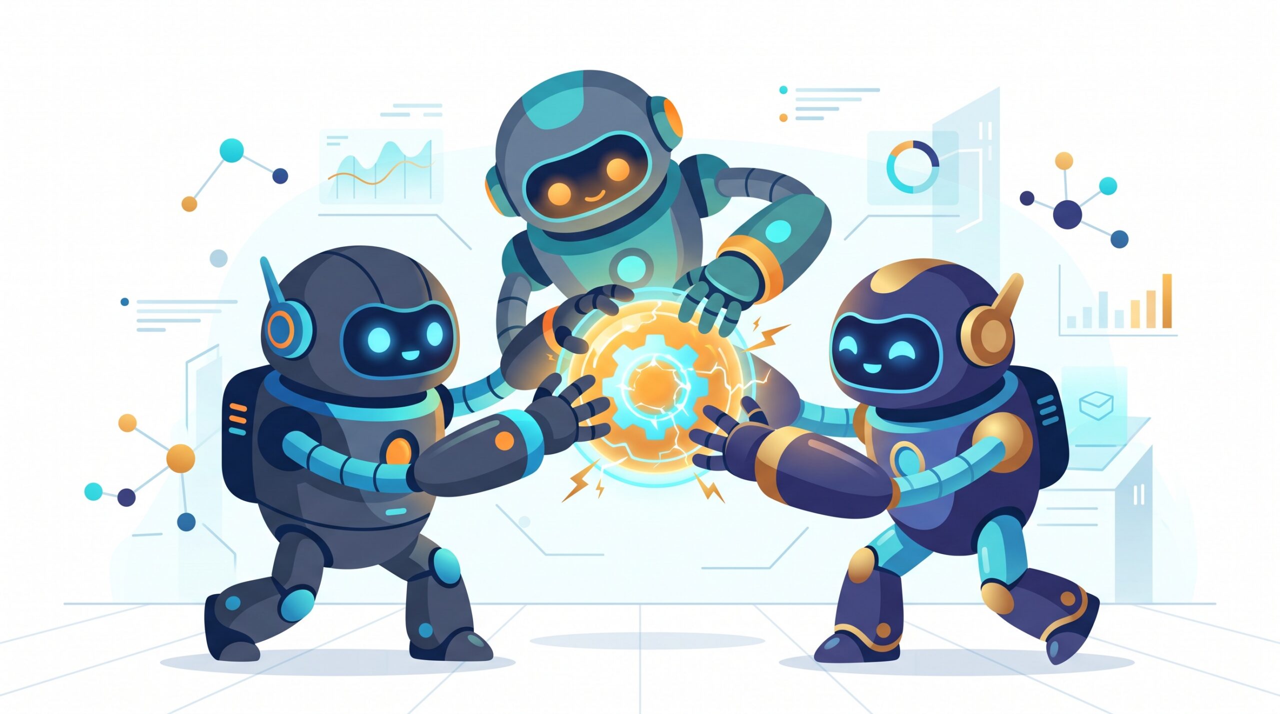 Three AI agent characters all grabbing the same glowing task at once, tangling with each other