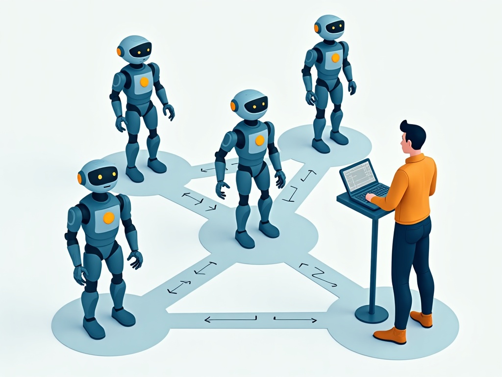 A human coordinator directing three AI agents, each working in its own clearly separated zone