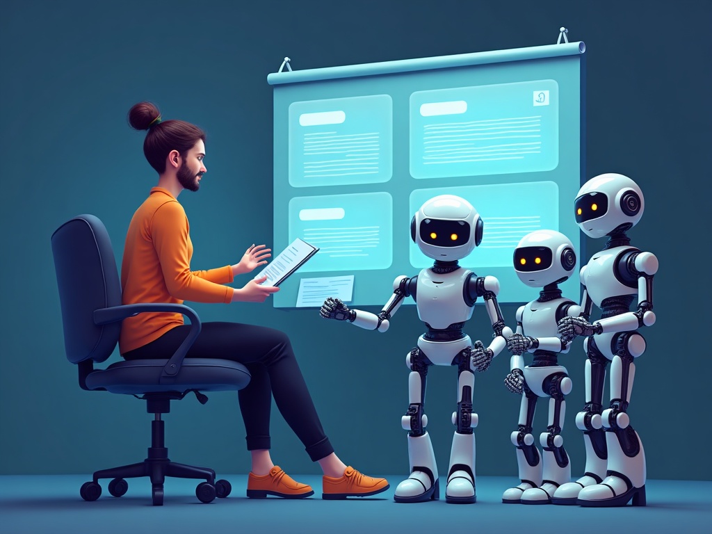 A person calmly overseeing a coordinated team of AI assistants collaborating on one project board