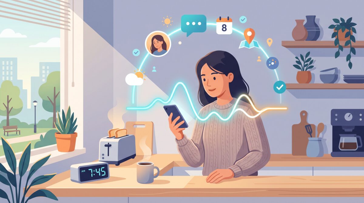 A person talking to their phone while a friendly voice assistant organizes everyday app icons around them
