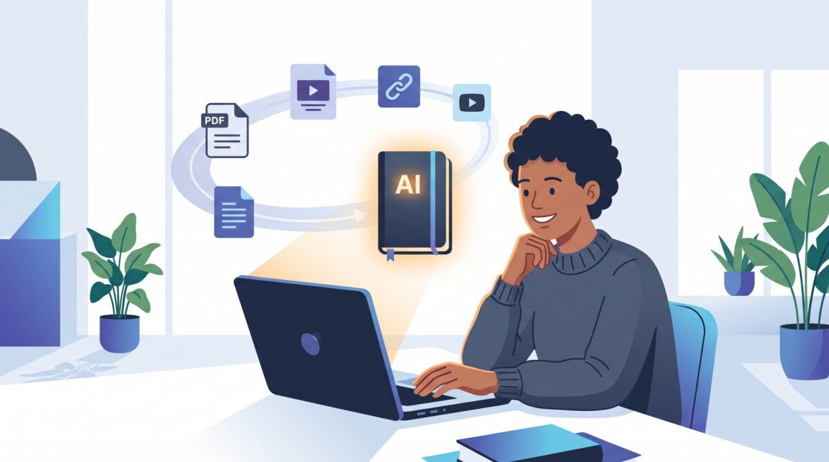 A person at a laptop with document, slide and link icons flowing into a single glowing AI notebook